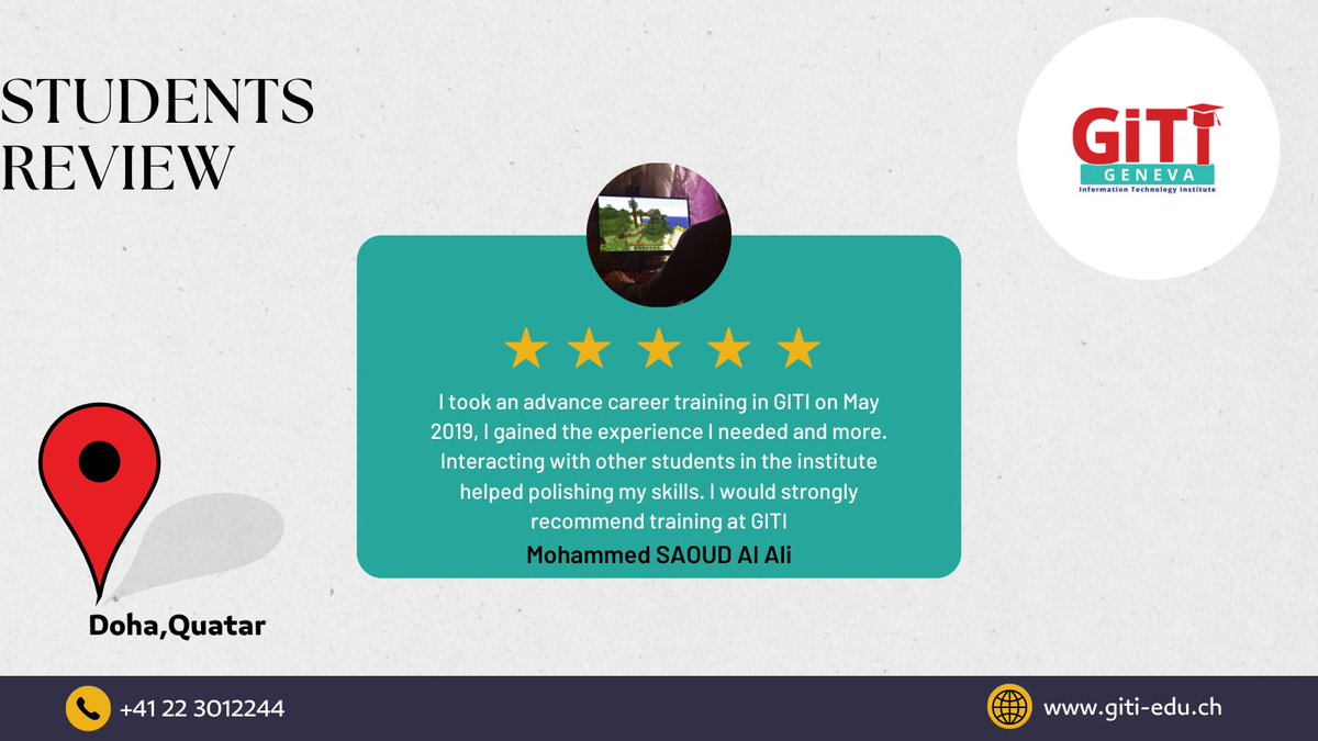 Learn about Giti-Geneva Information Technology Institute from the words of our graduates.🎓 Meet Mohammed Saoud Al Ali. Now he's the head of technical Support/Diwan Al Amiri. Doha,Quatar. WhatsApp us your query today 076 291 35 66
#Careerorientedcourses #studentsreview