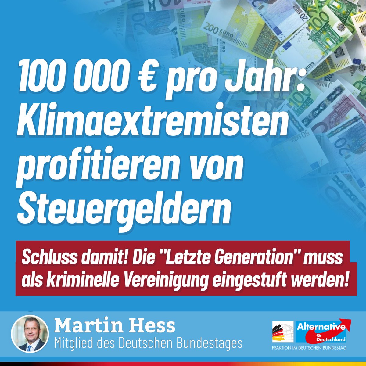 Martin_Hess_MdB's tweet photo. Die #Klimakleber profitieren von Steuergeldern. 100 000 Euro pro Jahr sollen es sein. Möglich macht das ein gemeinnütziger Verein, den die "Letzte Generation" gegründet hat. Die #Ampelregierung muss die "Letzte Generation" als kriminelle Vereinigung einstufen. #LetzteGeneration https://t.co/MyLhb40e2b
