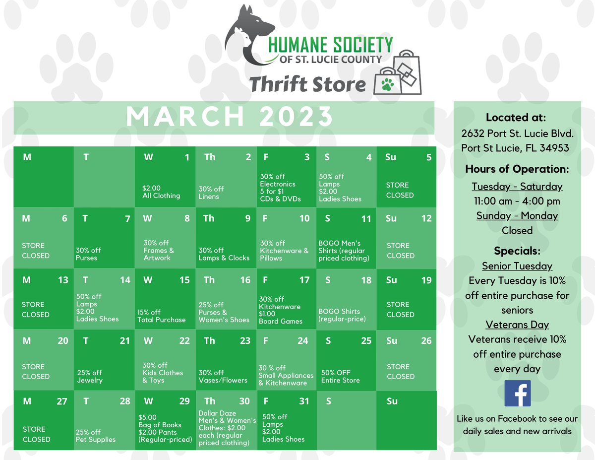 🍀 HOT NEW DEALS 🍀

Check out the Humane Society of St. Lucie County Thrift Store! We are located at:
2632 SW Port St. Lucie Blvd.
Port St. Lucie, FL 34953

#village #supportanimals #thrifting #portstlucie #gooddeals #greatfinds #treasurecoast #stluciecounty #upcycle