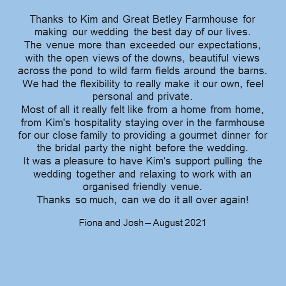 A lovely review from 2021 - we love hearing from our couples afterwards here at #greatbetleyfarmhouse !
.
#sussexweddingvenue #weddingvenuesussex #westsussexvenue #venuewestsussex #outdoorweddings #rusticweddingvenue #ruralweddingvenue #farmweddingvenue #blankcanvasweddingvenue #