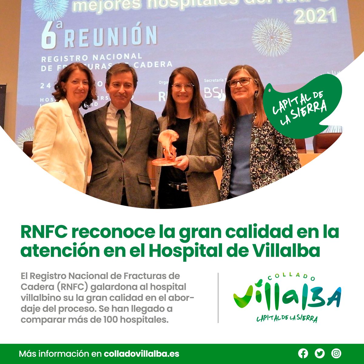 🥼 El Registro Nacional de Fracturas de Cadera (RNFC) reconoce la gran calidad en la atención en el Hospital de Villalba

🩹 Por su gran calidad en el abordaje del proceso

🏆 Se han llegado a comparar más de 100 hospitales