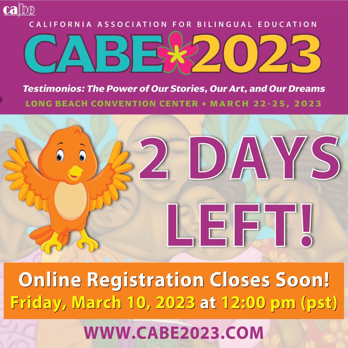 2 DAYS LEFT to register for CABE 2023! Register at: buff.ly/3W7WRhL 

#cabe2023 #cabe #registration #conference #bilingualresources #bilingualconference #callingallteachers #teachers #students #parents #parentresources #teacherresources #studentresources #administrators