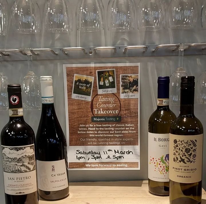 A taste of Italy. Join us to try a selection of our Italian wines. 
Saturday March 11th at 1pm, 3pm &amp; 5pm