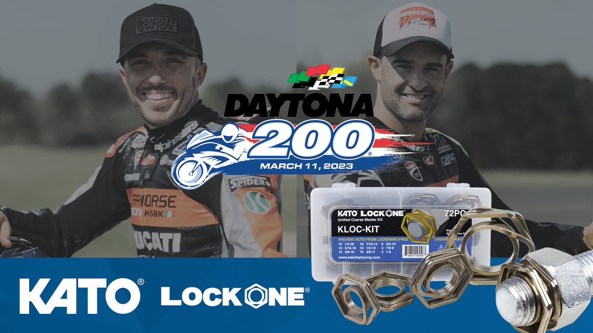 🏁More racing this weekend🔥📺👀Catch KATO sponsored @joshherrin, @XaviFores & @hsbk1 #Ducati team take on @DAYTONA 200 #MotoAmerica 👊KATO LockOne replaces nylon nuts, double nuts, cotter pins & more. Learn 👉 bit.ly/3JQ3z5S 🔩#fasteners ✈️ #aerospace 🏭#manufacturing