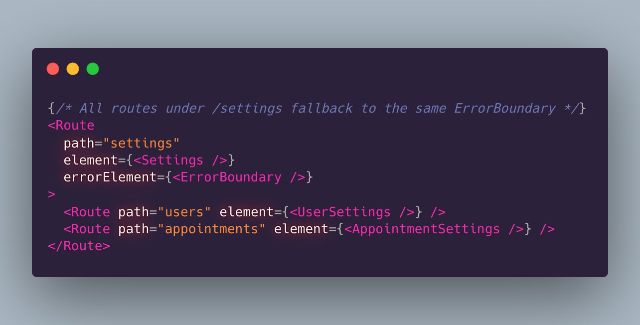 Cory House on X: "Oh, and this technique couples nicely with React Router. You can declare an errorElement on a parent route. Then all child routes automatically have a default error fallback. Cory House on X: "Oh, and this technique couples nicely with React Router. You can declare an errorElement on a parent route. Then all child routes automatically have a default error fallback.