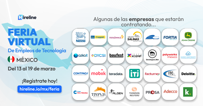 hirelineio's tweet photo. 📣 ¡México, forma parte de la Feria Virtual de empleos de Tecnología de Hireline! 📣

Un evento virtual con más de 700 vacantes de tecnología y alrededor de 40 empresas reclutando talento tech. 🚀 

📆 Podrás aplicar del 13 al 19 de marzo.

Regístrate dando clic. 👇🏽