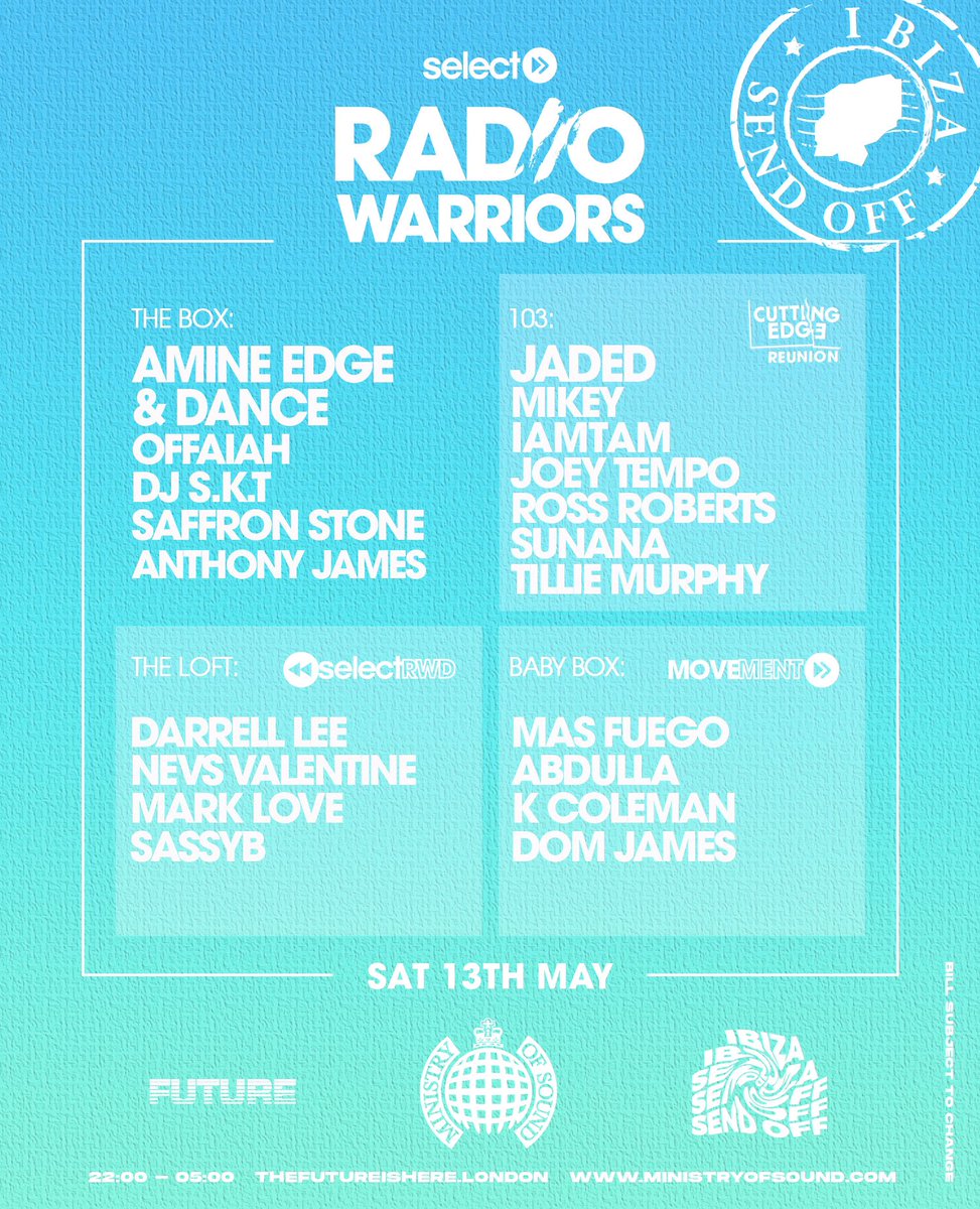 Select Radio (@selectradioapp) on Twitter photo It’s happening!!! <a href="/Ministry_Club/">Ministry of Sound Club</a> Ibiza Send Off!! ✈️ <a href="/AmineEdge_DANCE/">Amine Edge & DANCE</a> <a href="/OFFAIAH/">OFFAIAH</a> <a href="/DJSKT/">DJ S.K.T</a> <a href="/saffronstone_/">Saffron Stone</a> <a href="/Jaded_Official/">JADED</a> <a href="/CuttingEdgeLDN/">Cutting Edge</a> It’s happening!!! <a href="/Ministry_Club/">Ministry of Sound Club</a> Ibiza Send Off!! ✈️ <a href="/AmineEdge_DANCE/">Amine Edge & DANCE</a> <a href="/OFFAIAH/">OFFAIAH</a> <a href="/DJSKT/">DJ S.K.T</a> <a href="/saffronstone_/">Saffron Stone</a> <a href="/Jaded_Official/">JADED</a> <a href="/CuttingEdgeLDN/">Cutting Edge</a>