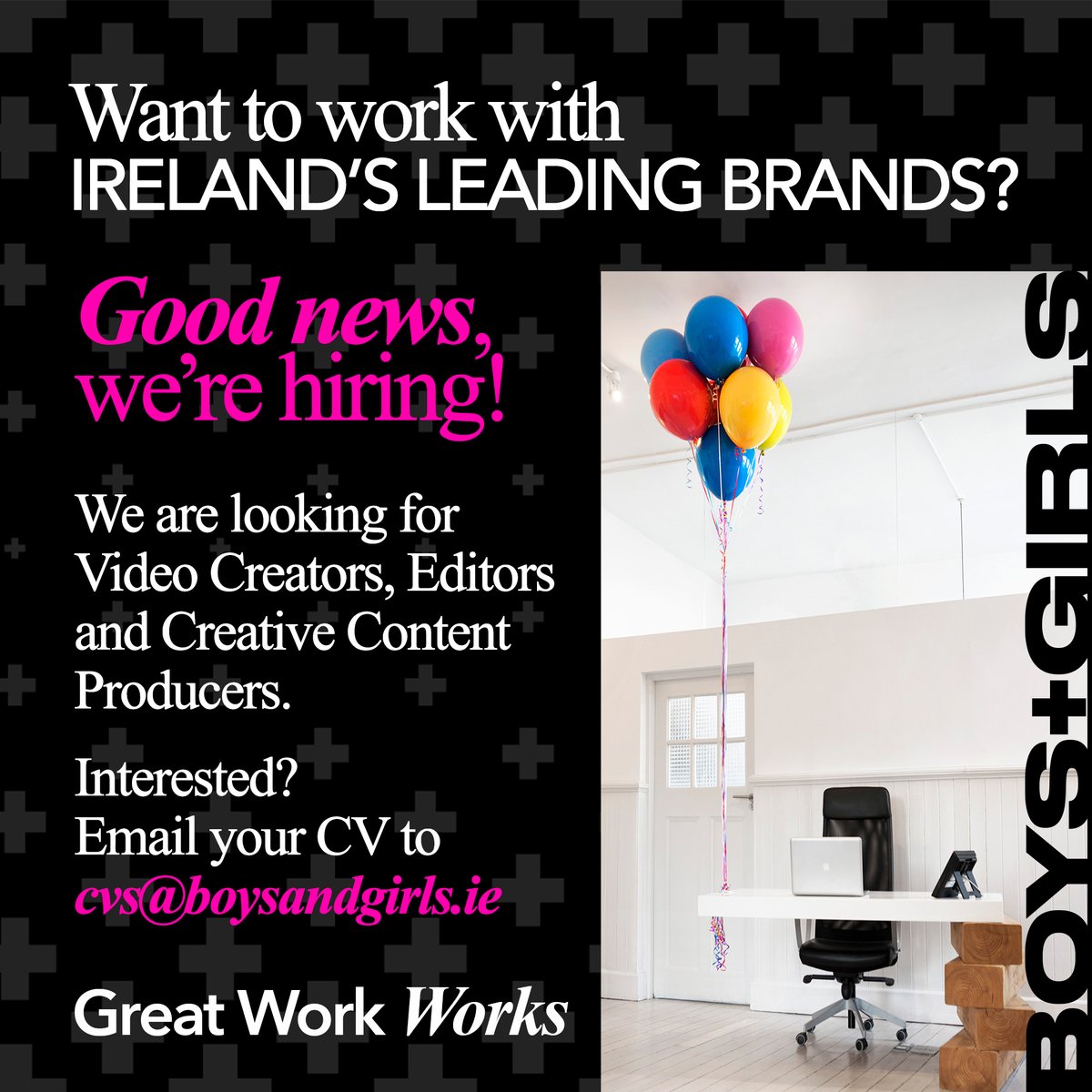Do you love content? We're hiring for the following positions in both full-time and freelance capacity. - Video Creators - Editors - Creative Content Producers Interested? Email your CV to cvs@boysandgirls.ie with the subject line ‘Content Position'. #hiring #jobfairy