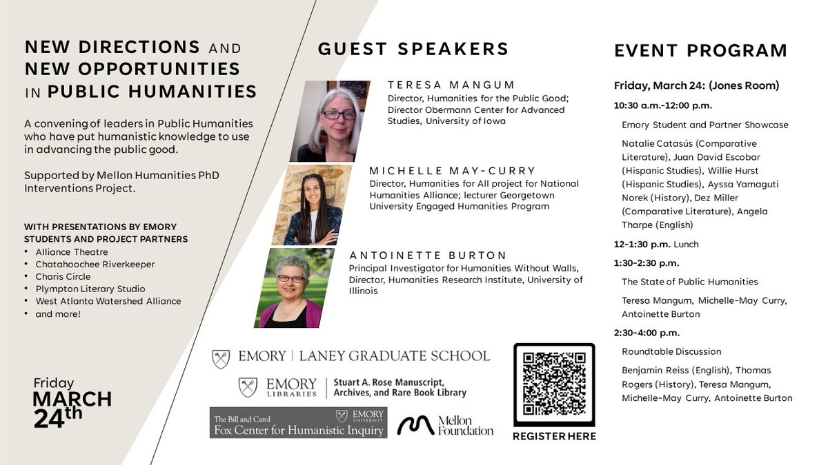 HumanitiesAll's tweet image. Looking ahead this month, #HumanitiesforAll project director @mmaycurry will be visiting @EmoryUniversity alongside @teresamangum and Antoinette Burton to participate in their New Directions in the #PublicHumanities convening to discuss Approaches to PH Training