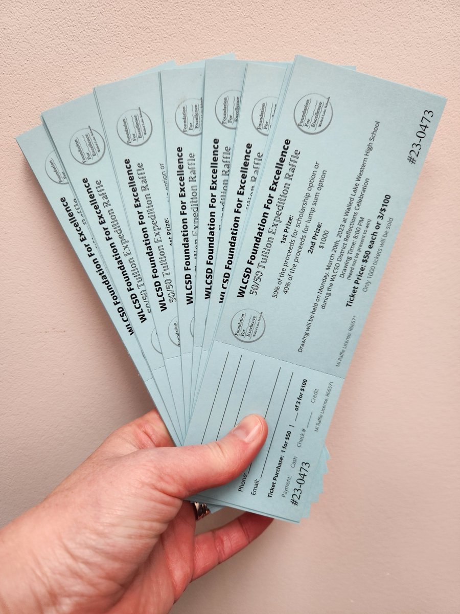 FFE WLCSD (@ffewlcsd) on Twitter photo Only one week left to buy your 50/50 Tuition Expedition Raffle Tickets! The drawing is on March 20th and someone is going to win BIG money.... maybe it can be you!
Please email JackieGurwin@wlcsd.org or swing by the Walled Lake Schools Federal Credit Union to pick some up today Only one week left to buy your 50/50 Tuition Expedition Raffle Tickets! The drawing is on March 20th and someone is going to win BIG money.... maybe it can be you!
Please email JackieGurwin@wlcsd.org or swing by the Walled Lake Schools Federal Credit Union to pick some up today