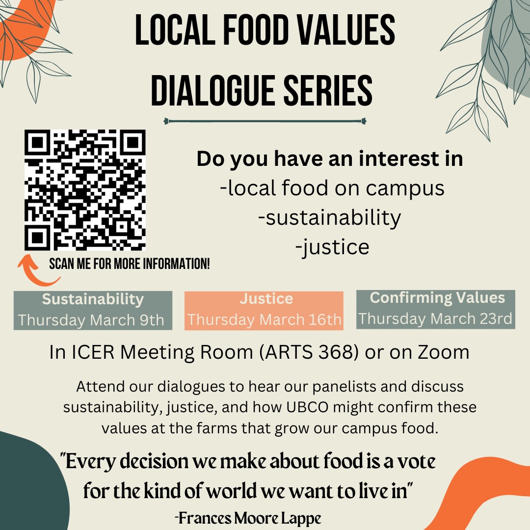 Become a UBCO Local Food Champion! Attend the Local Food Values Dialogues on three Thursdays, March 9th, 16th and 23rd, at 2:00-3:15 pm. Virtual/In Person (ART 368). Learn more and register: icer.ok.ubc.ca/2023/02/march-… #localfood #ubco @UBCOWellness @ubcostudents