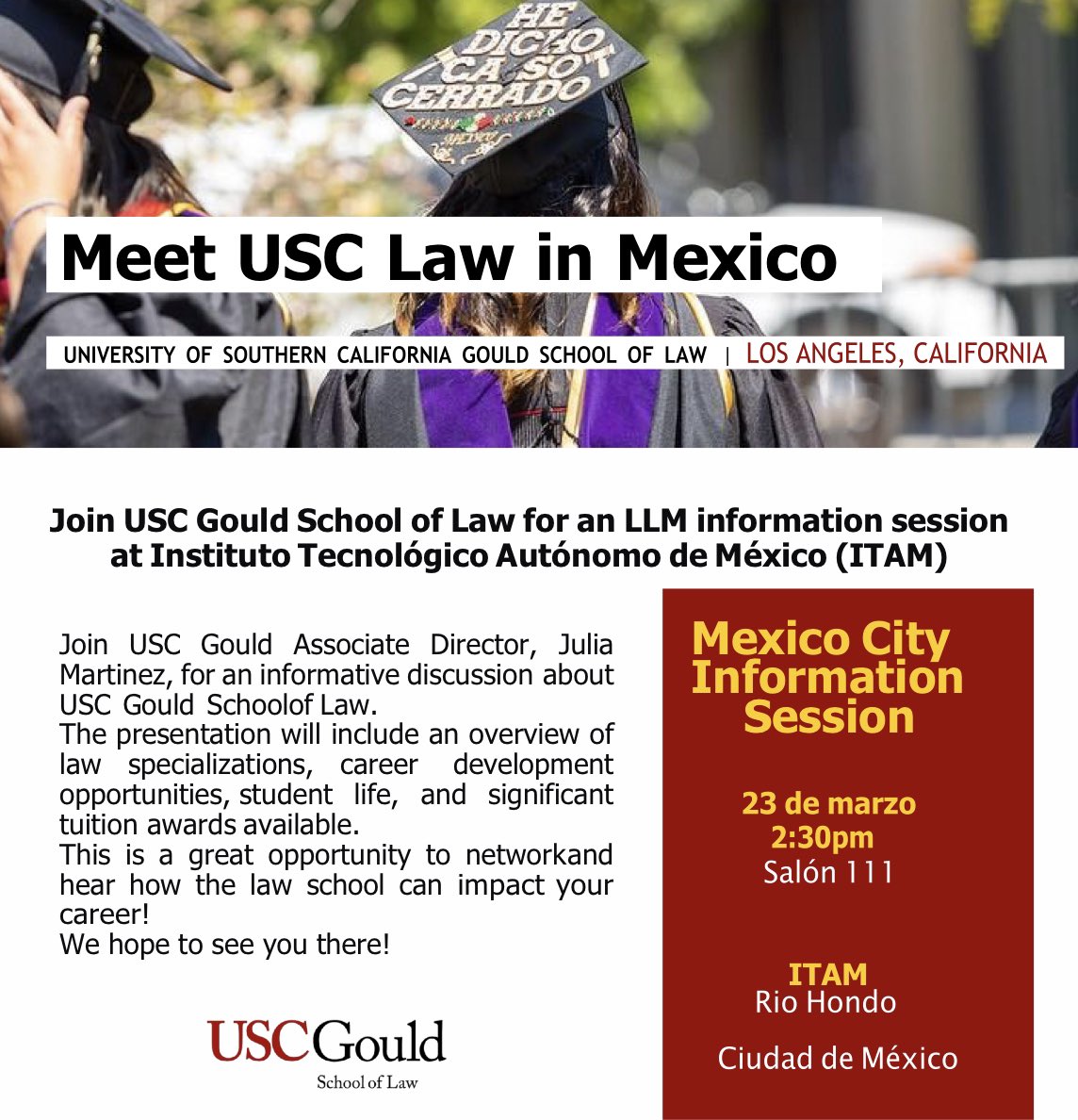 Eres de Derecho y te interesa estudiar en Los Ángeles, California. 🇺🇸

No te pierdas esta sesión informativa. 🏛️

23 de Marzo 
2:30 pm ⏰ 
Salón 111