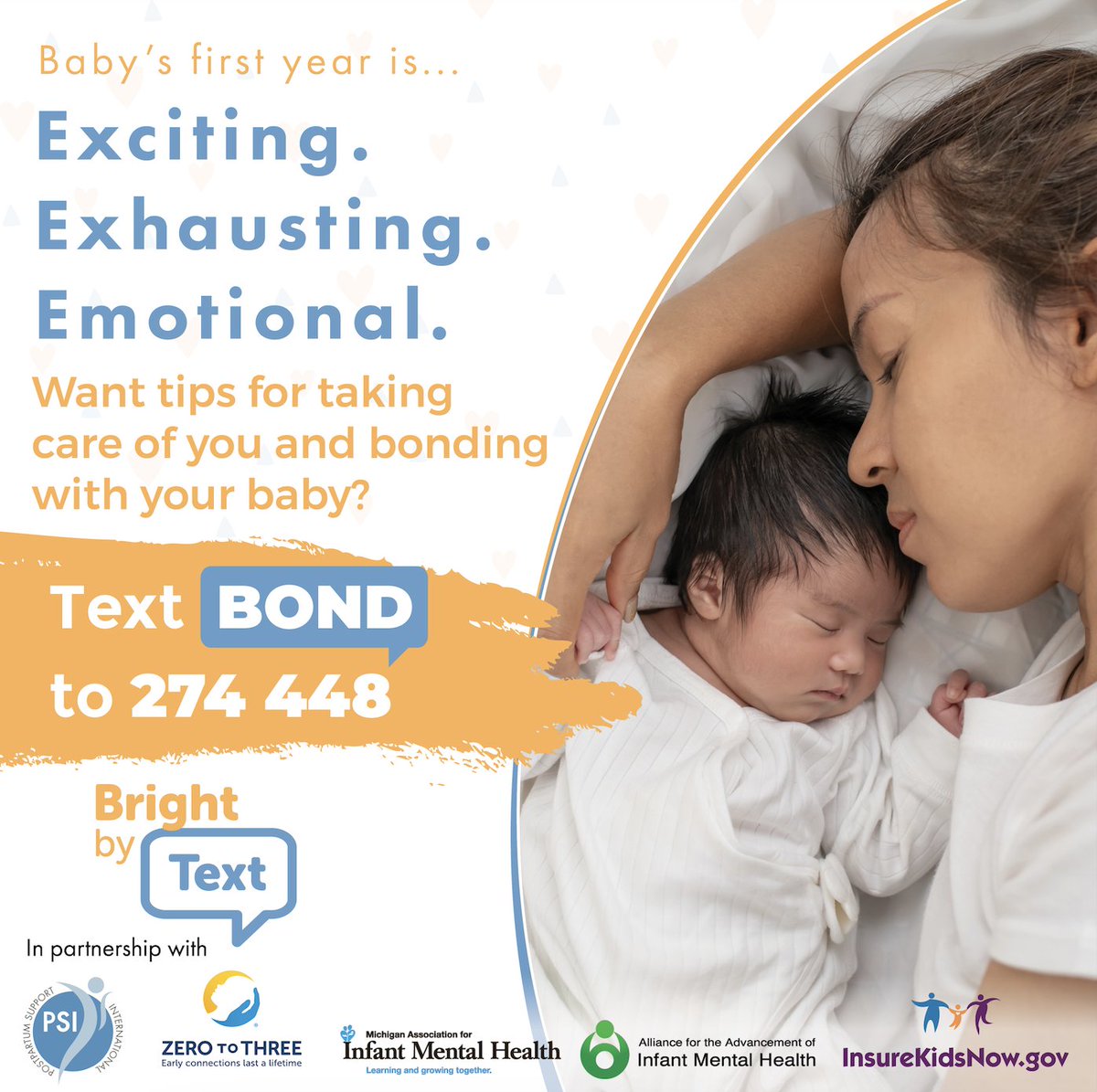 @BrightbyText offers an additional (free) program, BOND, for those with a child age 0-1. To sign up, text BOND to 274448! 

ALL parents can sign up for free age-specific parenting tips & info on community events & resources by texting SCKIDS to 274448!  #MaximizeLoveManageStress