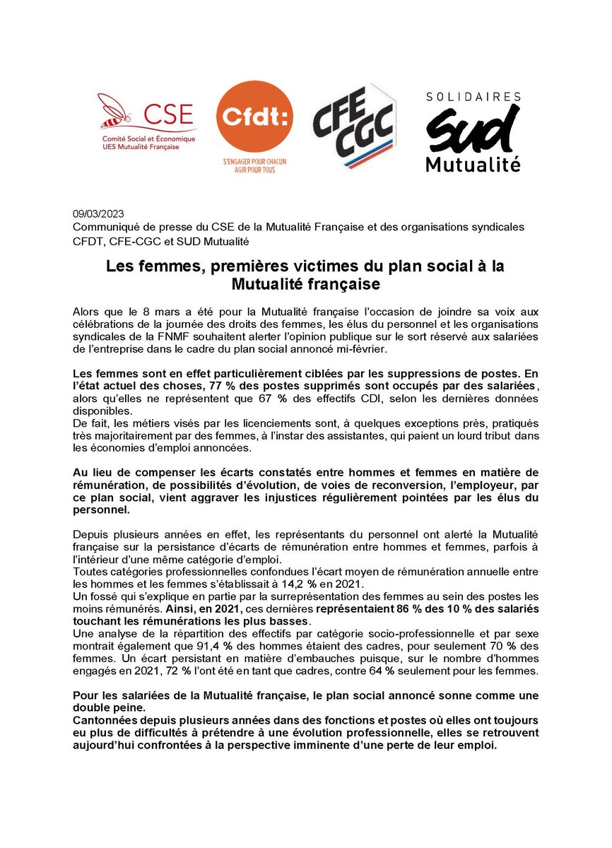 CSE_Mutualite's tweet image. Communiqué de presse | Les #femmes, premières victimes du plan social de @mutualite_fr : 77 % des postes supprimés sont occupés par des salariées, alors qu’elles ne représentent que 67 % des effectifs.