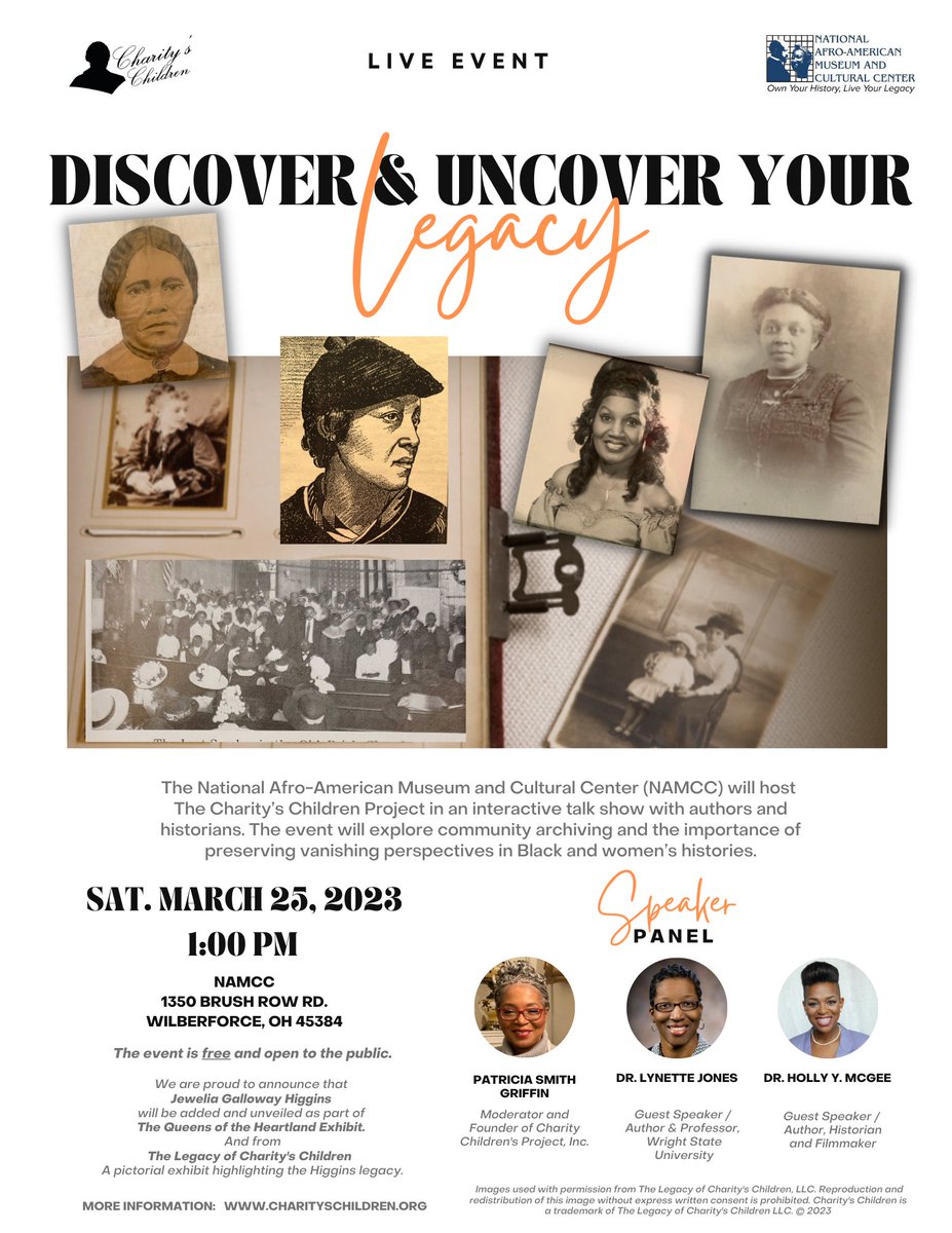 I am excited to be a panelist for the "Discover &amp; Uncover Your Legacy" event  at the National Afro-American Museum and Cultural Center in Wiberforce, Ohio on March 25, 2023. The event begins at 1 p.m.