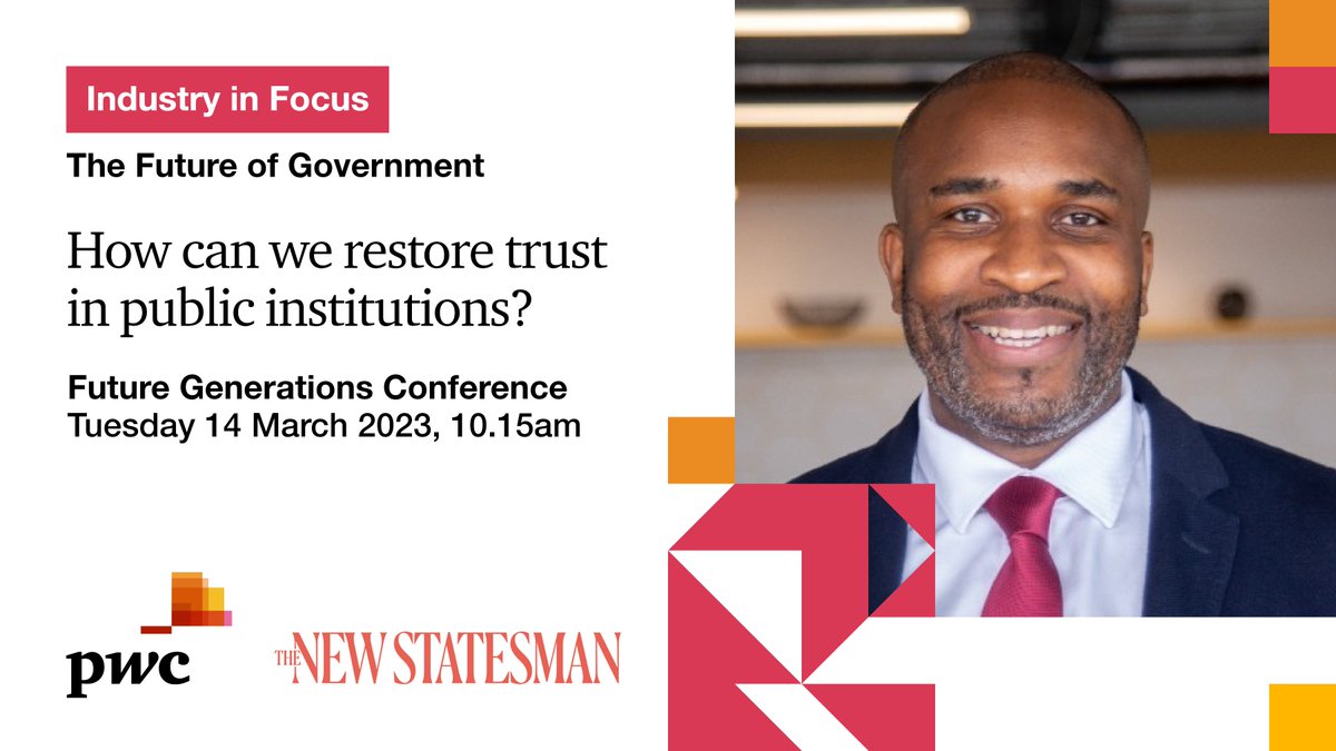 ademolajadeyeba's tweet photo. 14th March!
Join @PwC_UK's panel discussion with Rachel Taylor, Andy Haldane, Sir James Mackey, Cllr Georgia Gould and I, on restoring trust in public sector institutions at the #NSFutureGenerations Conference.

Reg for free. https://t.co/g91Gg6g5Ex
#FutureOfGov https://t.co/JLk7wkzIWM