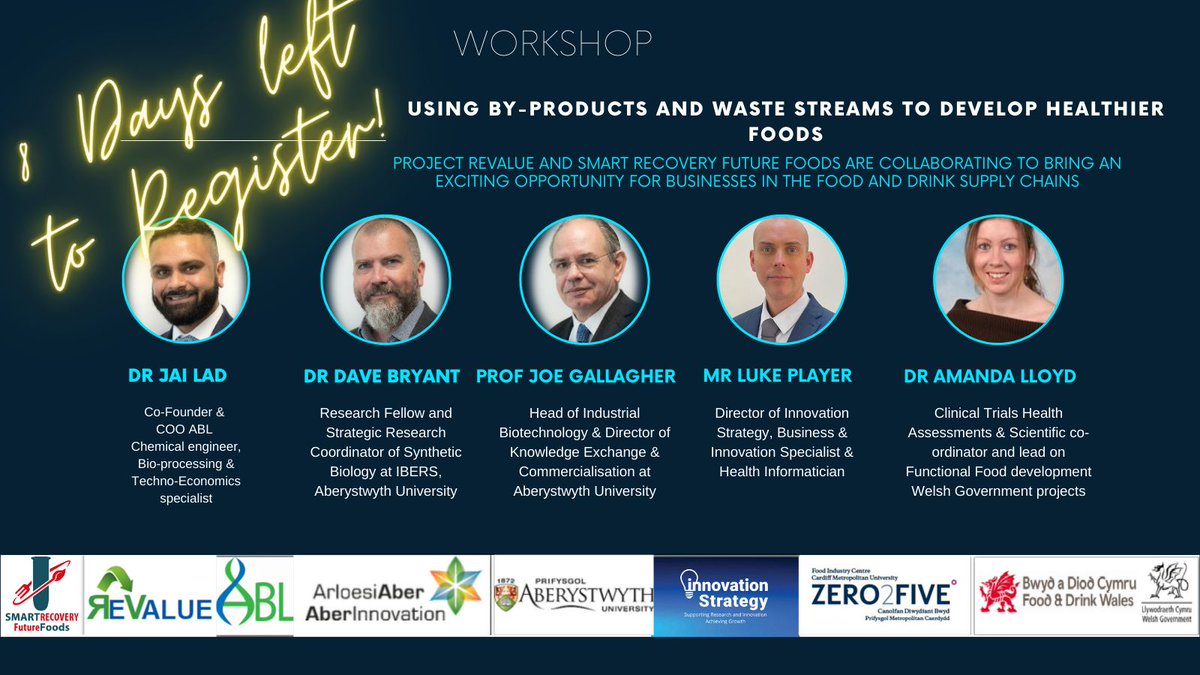 Only 8 days left to register for the project #ReValue &amp; #SmartRecovery workshop @AberInnovation on the 17th March. Hear how you can create value from waste and by-products while improving health &amp; wellbeing!
#biowaste #innovation #workshop #healthyfood