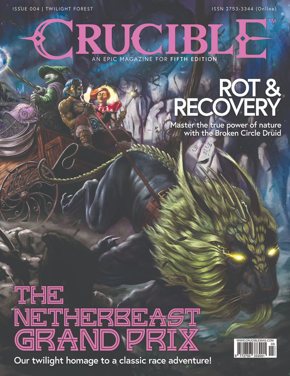 Crucible Magazine (@crucible_mag) on Twitter photo Cover of our upcoming issue 004, Twilight Forest! Made by the fantastic Joe N. Brown showing the art for The Netherbeast Grand Prix (our homage to Chris Perkins' Owlbear Run). This is part 005 in our continuing Wrath of the Dread Lords adventure path! Cover of our upcoming issue 004, Twilight Forest! Made by the fantastic Joe N. Brown showing the art for The Netherbeast Grand Prix (our homage to Chris Perkins' Owlbear Run). This is part 005 in our continuing Wrath of the Dread Lords adventure path!