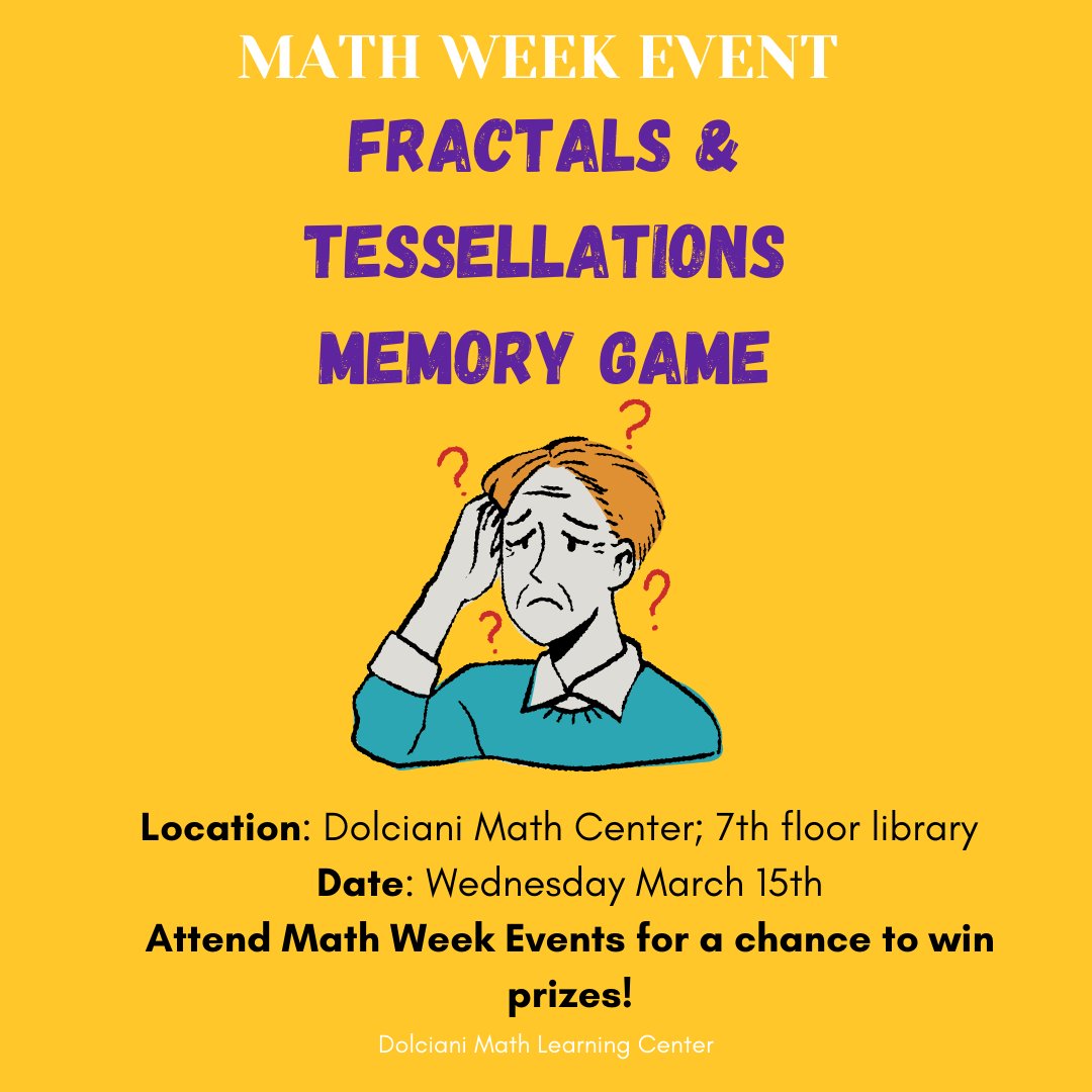 HunterDolciani's tweet photo. Join us @Hunter_College for a week of events during Math Week! Wednesday March 15th we will host games throughout the day. Attend Math Week events for a ticket entry into our lottery. See you all soon! #DolcianiMathCenter #HunterCollege #DMLC https://t.co/G5jCqKaBQp