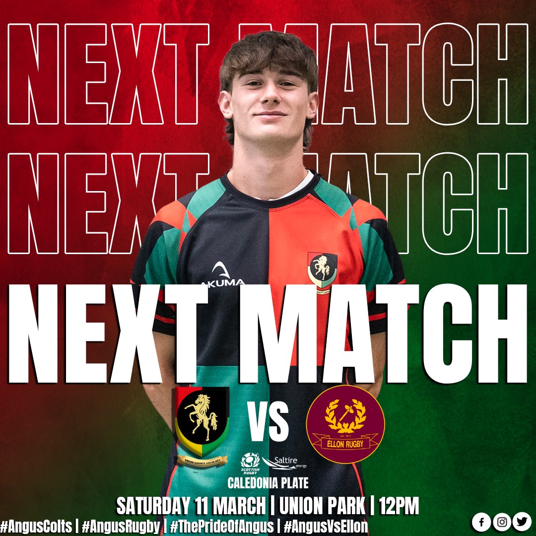 AngusColts's tweet photo. NEXT MATCH! ⏭

A massive game this Saturday as we take on Ellon in the semi finals of the Caledonia Plate! 💪

Come on Colts! 🔴🟢🐎

🆚 Ellon
🏆 Saltire Energy U18 Caledonia Plate
📆 Saturday 11th March
🏠 Union Park, Montrose
⏰ 12pm

#AngusColts #AngusRugby #ThePrideOfAngus https://t.co/Blgn8alN1o