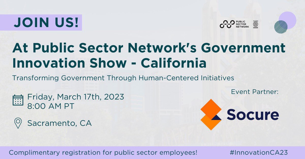 . @socureme will be partnering with Public Sector Network at Government Innovation California on March 17th, and it’s 100% free for gov. personnel. Hope to see you all there! Here's the link to join: hubs.ly/Q01yZjdq0