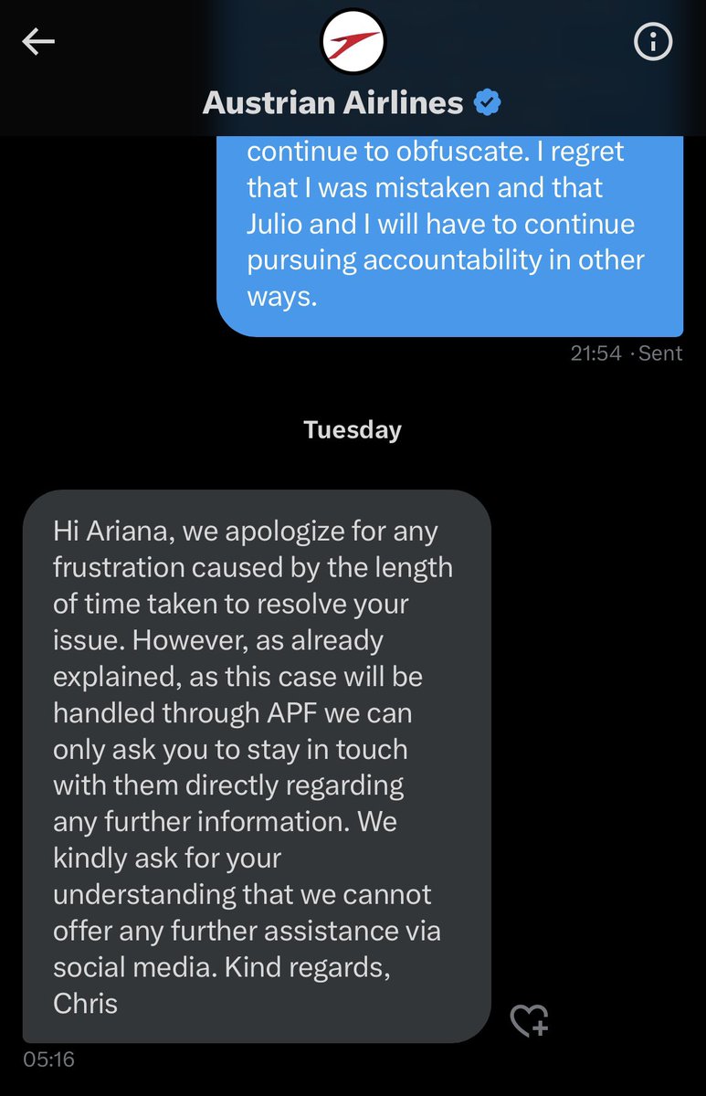 BarelyAcademic's tweet photo. Again, GASLIGHTING: APF found in our favor but closed our case bc @_austrian “is not willing to comply w/ the law,” precluding a settlement. @_austrian won’t answer us in writing, they ghost their own govt &amp; now they’re trying to SILENCE me when I call them out on socials 🤐 11/ https://t.co/i7DPekT7Pj