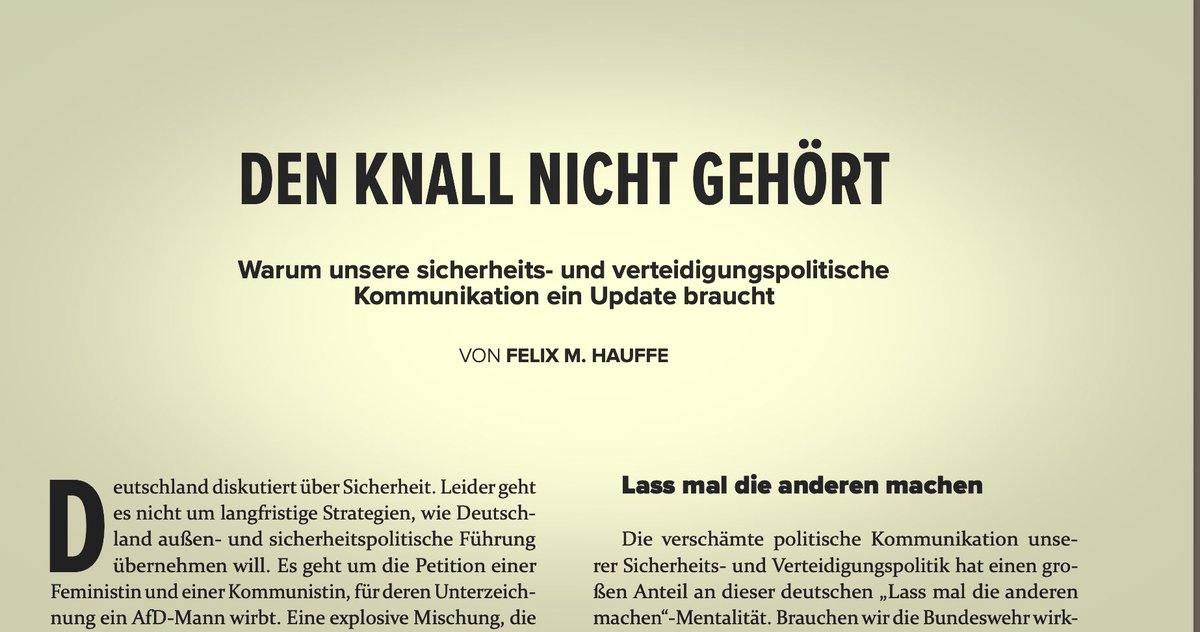 Felix M. Hauffe (@fmh_eu) on Twitter photo Sicherheits- und Verteidigungspolitik ist mehr als Bumm-Bumm 💥 Für die <a href="/PundK/">Redaktion p&k</a> habe ich aufgeschrieben, warum unsere sicherheitspolitische Kommunikation ein Update braucht. Mehr Chancen diskutieren, mehr Relevanz betonen, weniger risikogeiler Fokus. Mehr👉🏼 politik-kommunikation.de/magazin/ Sicherheits- und Verteidigungspolitik ist mehr als Bumm-Bumm 💥 Für die <a href="/PundK/">Redaktion p&k</a> habe ich aufgeschrieben, warum unsere sicherheitspolitische Kommunikation ein Update braucht. Mehr Chancen diskutieren, mehr Relevanz betonen, weniger risikogeiler Fokus. Mehr👉🏼 politik-kommunikation.de/magazin/