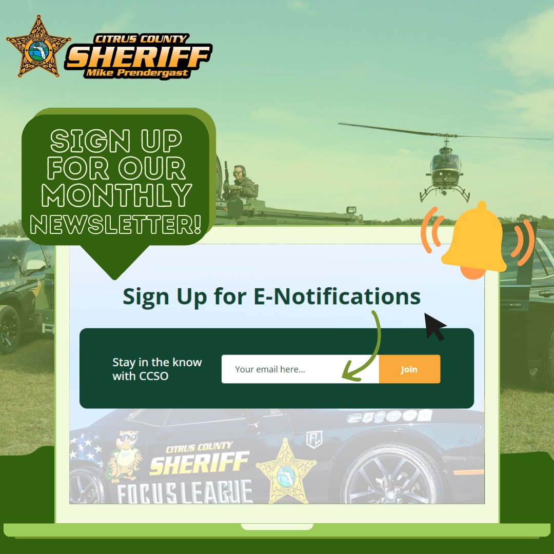 SheriffCitrus's tweet photo. Our newsletter is sent out at the beginning of each month.
To subscribe, go to our website and scroll to the bottom of the home page.
Enter your email for "In the Know with CCSO" and you will be all set!
#CCSOConnecting #InTheKnowWithCCSO
1726 https://t.co/HZvWzy5vXv
