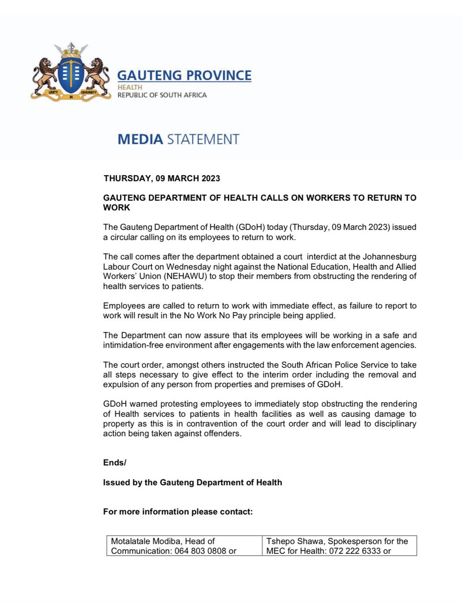 MEDIA STATEMENT || GAUTENG DEPARTMENT OF HEALTH CALLS ON WORKERS TO RETURN TO WORK