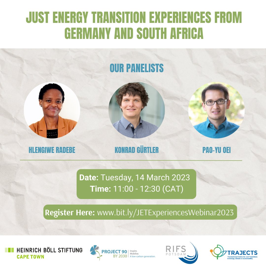 Join us for a discussion with experts from #SouthAfrica and #Germany as we dive into The #JustEnergyTransition, lessons, experiences, and how we can bring about change! Date: 14 March 2023 Time: 11:00am - 12:30 CAT Register here: bit.ly/JETExperiences…