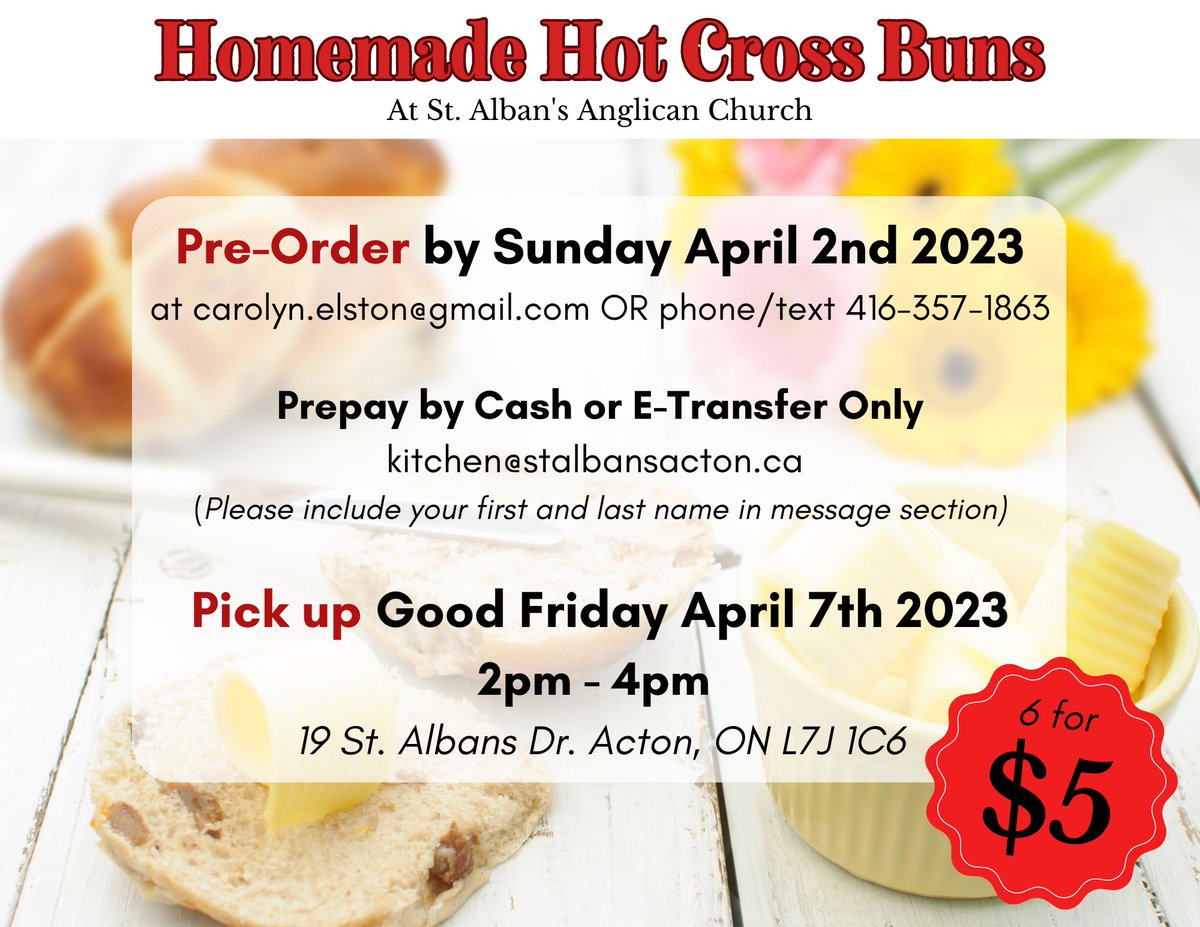 StAlbansActon's tweet photo. St. Alban’s Kitchen is as busy as ever! 

Pre-order delicious homemade hot cross buns at $5 for 6! and get them just in time for Easter, It’s only a month away! 

#stalbansacton #stalbanskitchen #homemade #hotcrossbuns #easter #churchesofacton #haltonhills #actonontario https://t.co/2msNOReeMQ