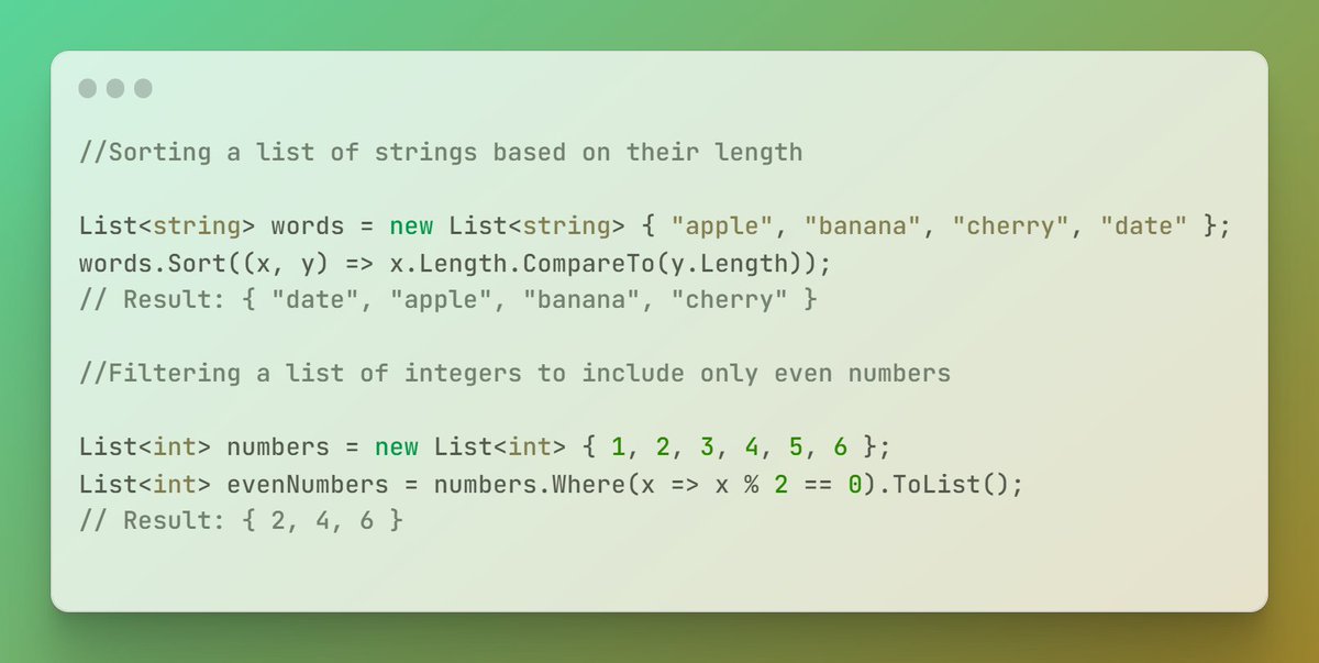 Syntax_stories's tweet image. A Lambda expression in C# allows us to define a function inline without the need to explicitly define a separate method.
#csharpdotnet #dotnet