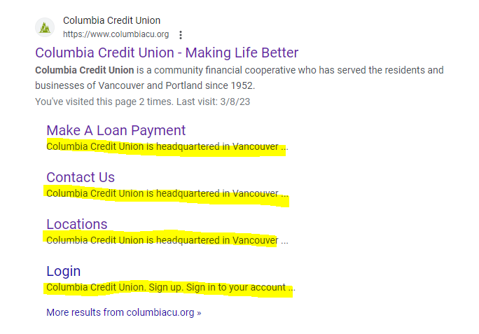 Anyone else seeing odd site links today? Seems to be pulling from footer instead of description tag or other content. #SEO