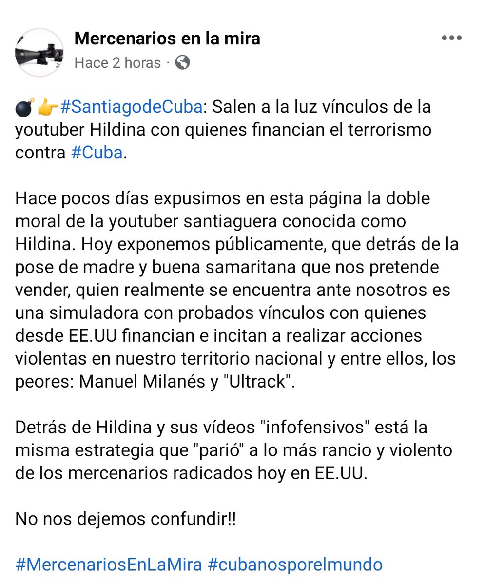 EduarMarti1991's tweet image. #Cuba
Una hora antes de que iniciara el operativo contra la YouTube Hildina, desde la página &quot;mercenarios en la mira&quot; dirigida por la seguridad del estado, se levantaron una serie de acusaciones contra la joven, afirmando que mantiene vínculos con quienes financian el terrorismo.