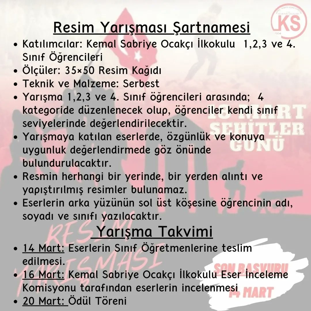 18 Mart Şehitler Günü etkinlikleri çerçevesinde okulumuzda gerçekleştirilecek olan Resim Yarışması ve Şartname
#18martçanakkalezaferi 🇹🇷
#18martşehitlergünü🇹🇷