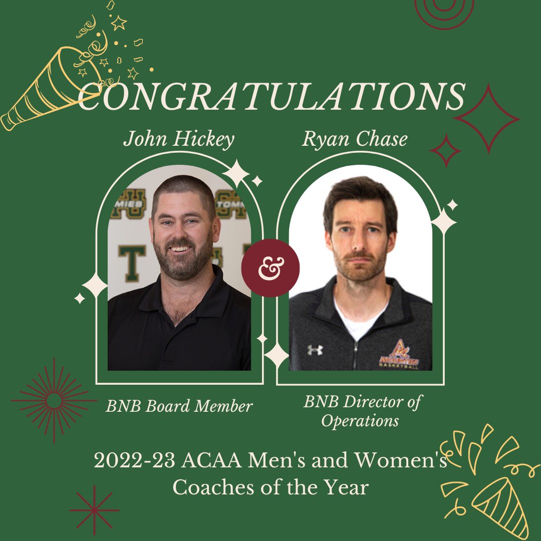 Congratulations to BNB Board Member John Hickey &amp; Director of Operations Ryan Chase on being named ACAA Men's and Women's Coaches of the Year! Both coaches have been staples in BNB High Performance programming and had success at the ACAA level this season, both winning medals.