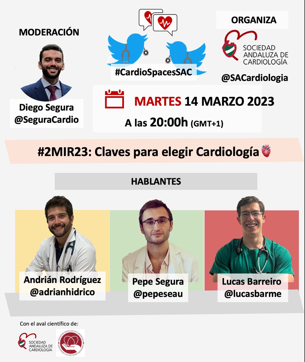 Marca en tu agenda nuestro nuevo #CardioSpaceSAC ‼️
Próximo martes 14 de marzo a las 8 pm (GMT+ 1) 🗓️ #CardioSpacesSAC🎧

"#2MIR23: Claves para elegir Cardiología🫀"

👨‍💻Modera: <a href="/SeguraCardio/">Diego Segura-Rodríguez</a>
 
👥Hablantes: <a href="/adrianhidrico/">Adrián Rodríguez Córdoba</a>, <a href="/pepeseau/">Pepe Segura</a>, <a href="/lucasbarme/">lucas Barreiro</a> 

x.com/i/spaces/1eaKb…