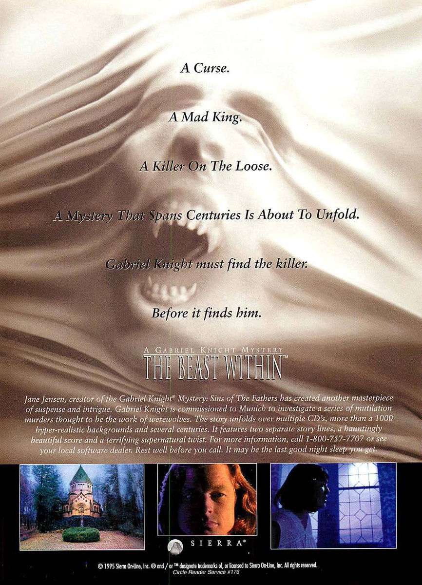 MustafaYurtsev7's tweet image. The Beast Within: A Gabriel Knight Mystery (1995) - (Magazine Advertisement)🔖
@SierraOnLineUni @SierraChest @PixelArtSierra @SierraWallpaper @caboken #retrogames #dosgame #RETROGAMING