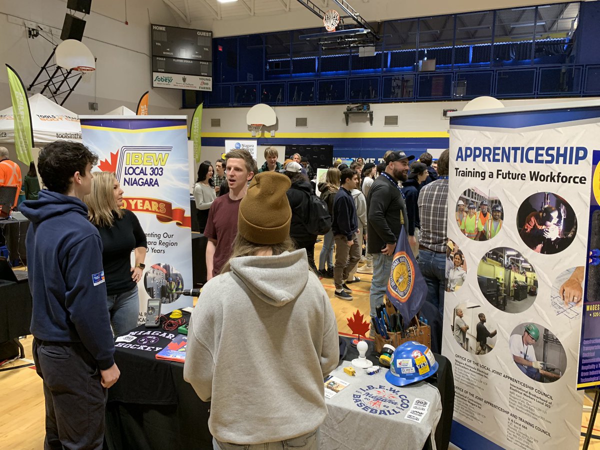 IBEW303Niagara's tweet photo. The @IBEW Local 303 Membership Development Team is set up and ready to go for the E.L. Crosley Trades and Tech Fest. Looking forward to networking with Ontario’s next generation of skilled workers. #skilledtrades #Electrical #IBEW https://t.co/RdyLKwtj38
