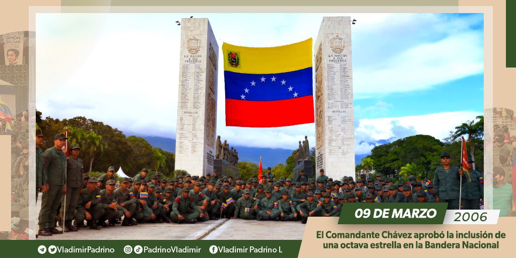 vladimirpadrino's tweet photo. La octava estrella fue una orden de nuestro padre Bolívar… Y Chávez se la cumplió junto al pueblo de Venezuela. La heroica Provincia de Guayana; la Guayana de las glorias de San Félix y Angostura, territorio venezolano cuyo límite oriental era, es y será siempre, el ESEQUIBO. https://t.co/eLnshFWmRQ