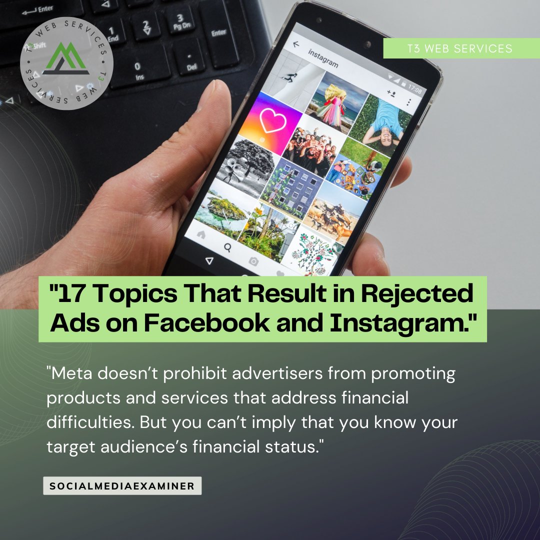 T3WebServices's tweet photo. "17 Topics That Result in Rejected Ads on Facebook and Instagram."
Read more here: 
https://t.co/ikUcU0bpv0

#digitalmarketing #marketingdigital #entrepreneur #marketing #businesstips #marketingtips #marketingstrategy #business #marketingnews https://t.co/FwydPQpfEP
