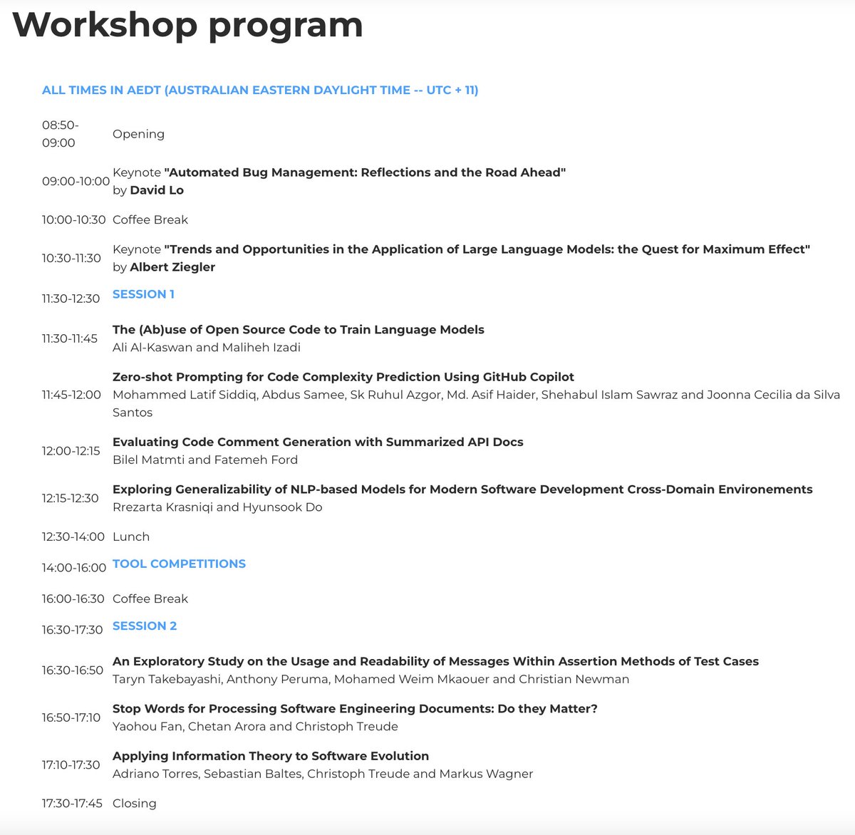 Looking to enhance your knowledge of natural language-based software engineering? Join us at the <a href="/NLBSE_workshop/">NLBSE-workshop</a> on May 20 in Melbourne, featuring internationally renowned speakers from academia and industry. Register now to secure your spot! 

nlbse2023.github.io/program/ 

<a href="/ICSEconf/">ICSE</a>