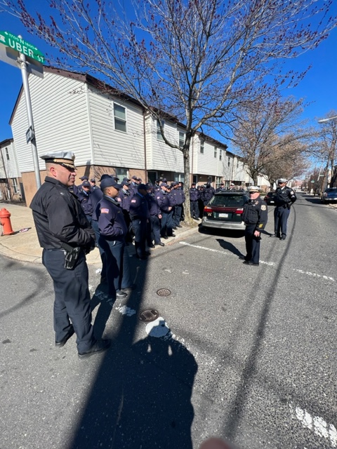 Recruit Class 398 takes a tour of the 22nd District community to meet residents as well as taking a moment to observe the memorial of Sgt. Christopher Fitzgerald.