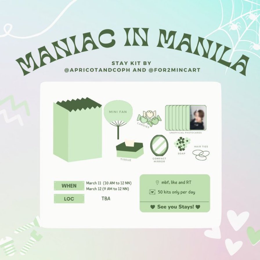 Stray Kids Maniac in Manila Concert Kits fan support with <a href="/for2mincart/">ًeli ★</a>

📌 MBF both, like this tweet and RT
💌 50 kits only per day!
🕰 Day 1: 10-12 NN; Day 2: 9-11 AM
📍Loc: TBA

See you, STAYS! 🤍

#MANIACinMANILA #SKZinMNL2023