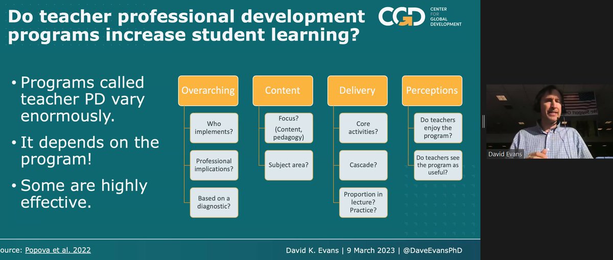 Do #teacher professional development programs work? <a href="/DaveEvansPhD/">David Evans</a> from <a href="/CGDev/">Center for Global Development</a> goes through the characteristics where #TPD programs can vary. <a href="/gatesfoundation/">Gates Foundation</a> <a href="/ADEAnet/">ADEA</a>