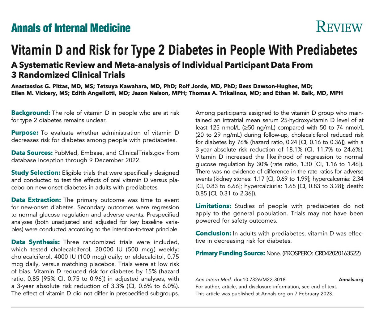 1/This metaanalysis showed that patients with prediabetes who received vit. D therapy had a reduced risk of developing T2DM compared to those who received placebo. Welcome to our weekly #OMTweetorial. #MedTwitter #MedEd #EBM #JournalClub #Diabetes #PrimaryCare #PreventiveMedicine