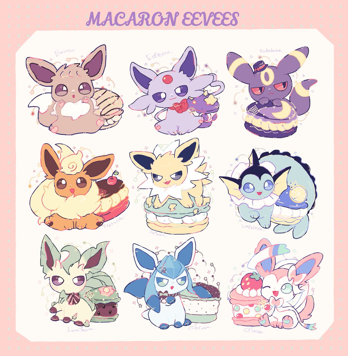 espeon ,glaceon ,umbreon no humans pokemon (creature) food one eye closed open mouth tongue looking at viewer  illustration images