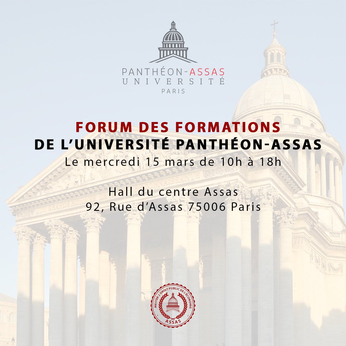 Assas_DPE's tweet image. Messieurs les Professeurs François Blanc et Stéphane Braconnier ainsi que la promotion 2023 sont heureux de vous faire part de la présence du Master 2 Droit public de l'économie au Forum des formations de @AssasUniversite prévu le mercredi 15 mars 2023.