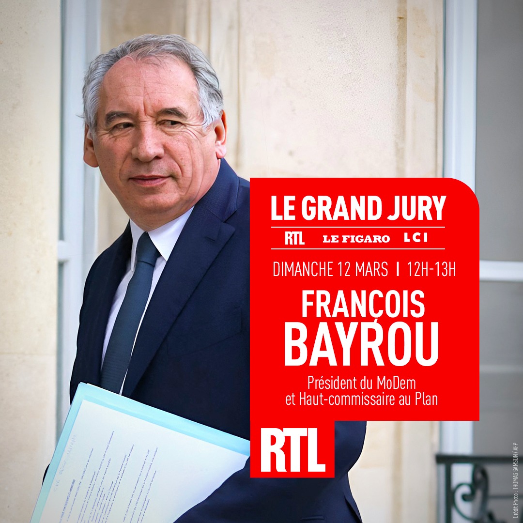 🔴🗣 François Bayrou (@bayrou), le président du @MoDem, est l'invité de l'émission @LeGrandJury Posez-lui vos questions dans les commentaires, il y répondra en direct dimanche dès 12h #LeGrandJury ⤵️