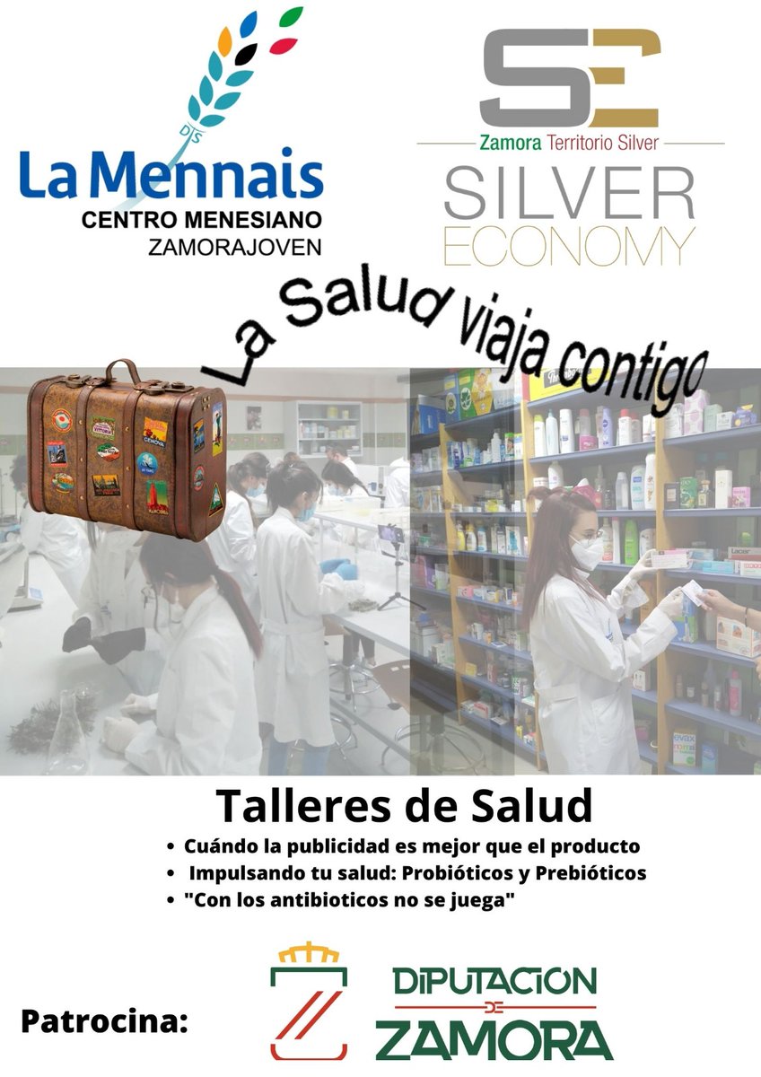 El martes día 14 a las 11.30h. tendrán lugar en el salón de actos del <a href="/Ayto_Fermoselle/">Ayuntamiento Fermoselle</a>  los talleres de salud:
🔵CUANDO LA PUBLICIDAD ES MEJOR QUE EL PRODUCTO
🔵IMPULSANDO TU SALUD: PROBIÓTICOS Y PREBIÓTICOS
🔵"CON LOS ANTIBIÓTICOS NO SE JUEGA"
#LaSaludViajaContigo <a href="/dipuzamora/">Diputación de Zamora</a>